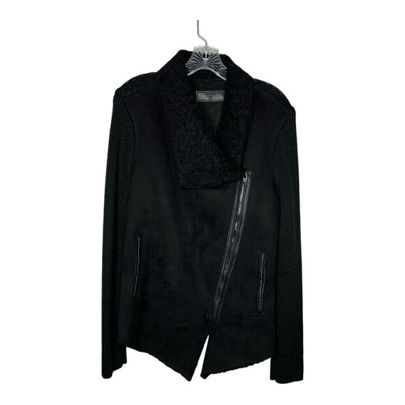 Blank NYC Sweater Womens Large Knit Faux Suede Asymmetric Zip Black Cardigan - Picture 1 of 14